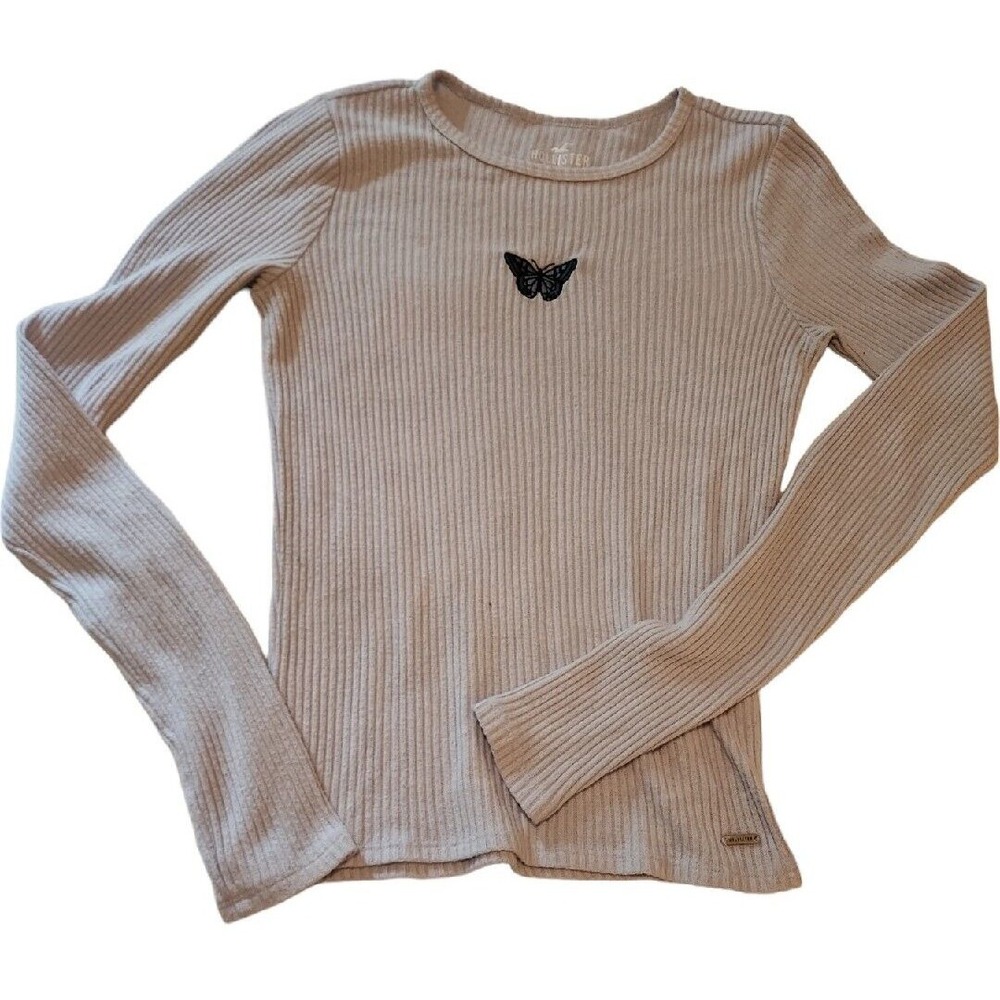 Hollister Ribbed Long Sleeve‎ Top Butterfly Graphic Casual Shirt